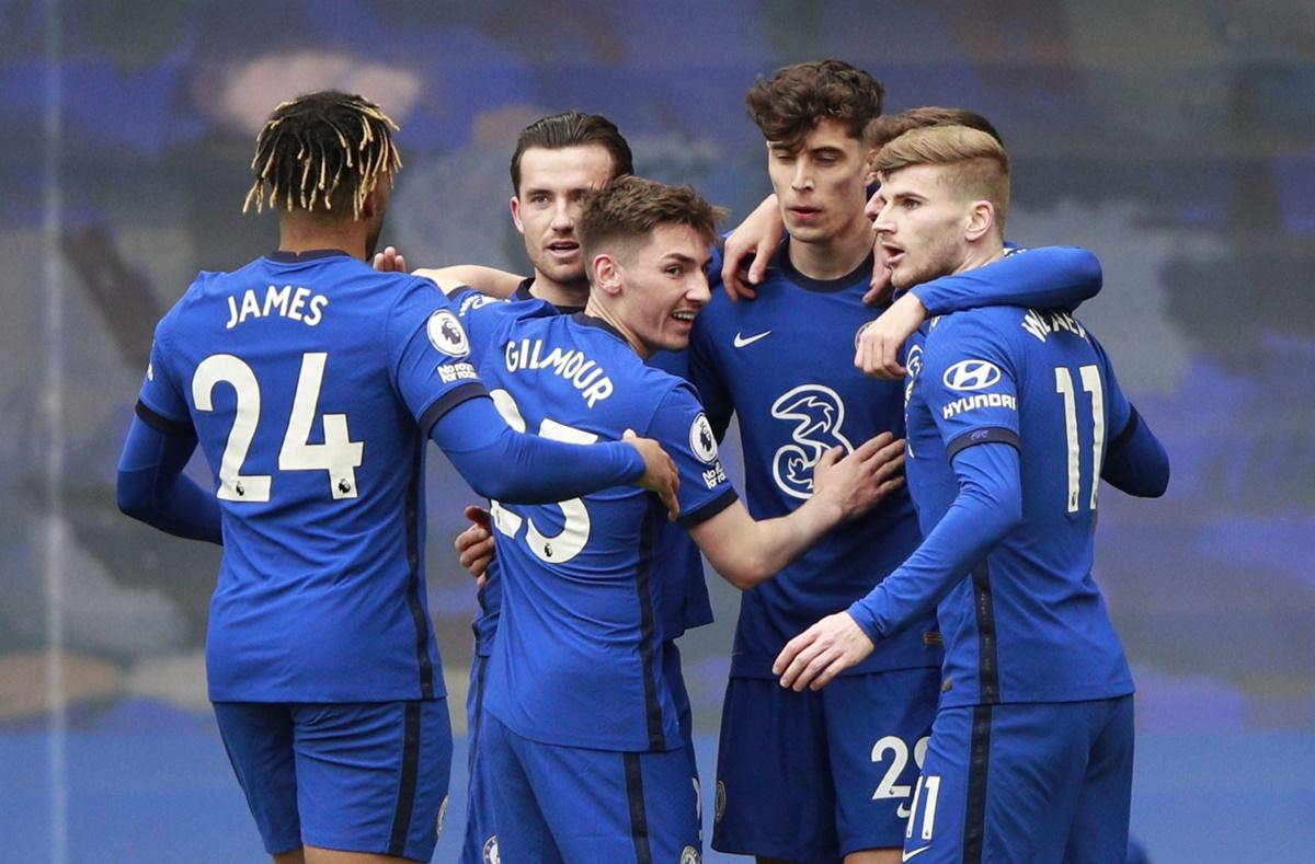 Kai Havertz celebrates scoring Chelsea's first goal with teammates 