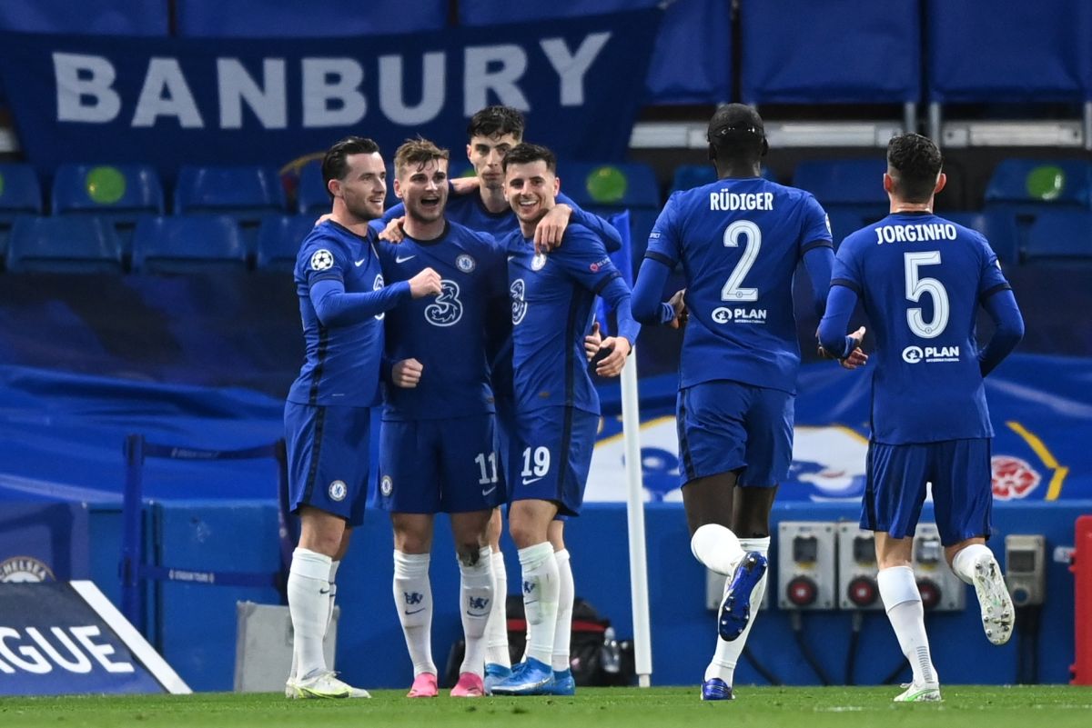 Chelsea's Timo Werner celebrates scoring their first goal against Real Madrid with teammates during the Champions League semi-final in Stamford Bridge on Wednesday