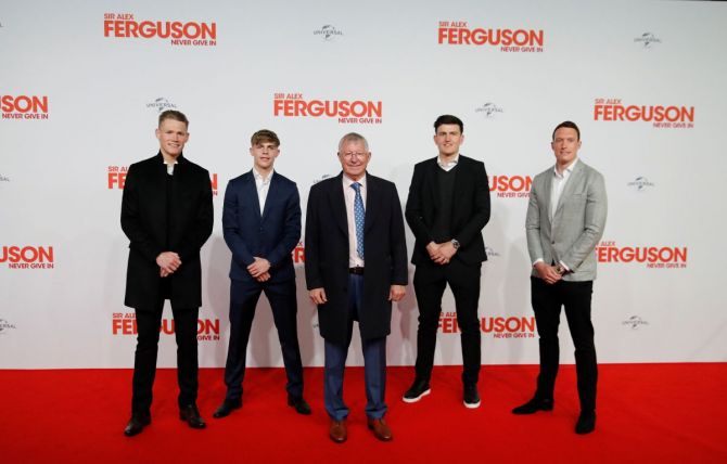 Sir Alex Ferguson and Manchester United players Scott Mctominay, Brandon Williams, Harry Maguire and Phil Jones. 