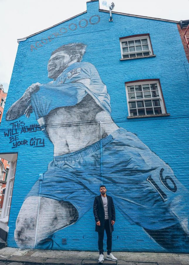 Sergio Kun Aguero was presented with a mosaic inspired by his first-ever Manchester City goal among other honours.	