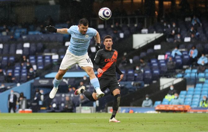 Manchester City's Sergio Aguero scores their fifth goal 