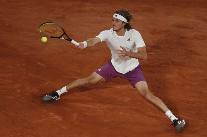 Greece's Stefanos Tsitsipas in action during his first round match against France's Jeremy Chardy 