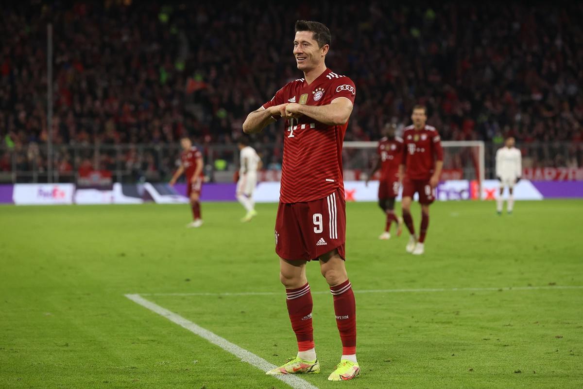 Robert Lewandowski celebrates scoring Bayern Munich's fifth goal during the UEFA Champions League Group E match against Benfica, at Allianz Arena in Munich, Germany. 