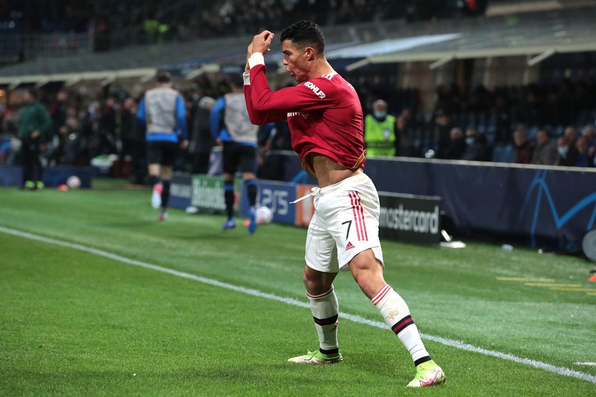 Cristiano Ronaldo celebrates scoring Manchester United's first goal.