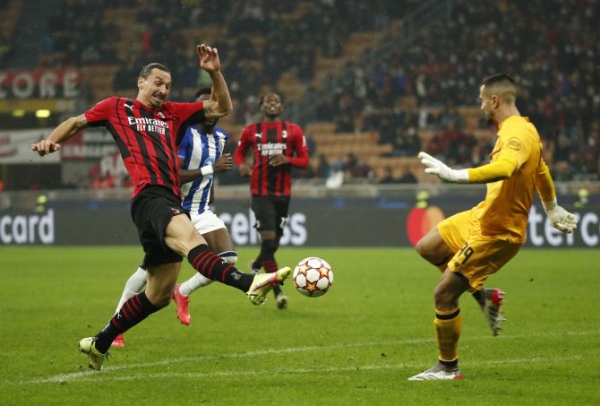 AC Milan's Zlatan Ibrahimovic misses a chance to score during the Champions League Group B match against FC Porto, at San Siro, in Milan, Italy.