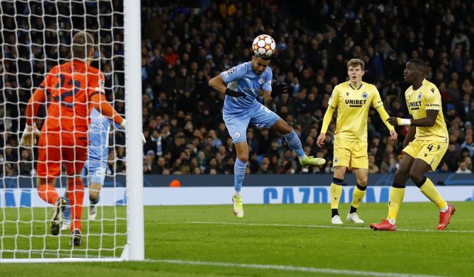 Riyad Mahrez scores Manchester City's second goal during the Champions League Group A match against Club Brugge, at Etihad Stadium, in Manchester.