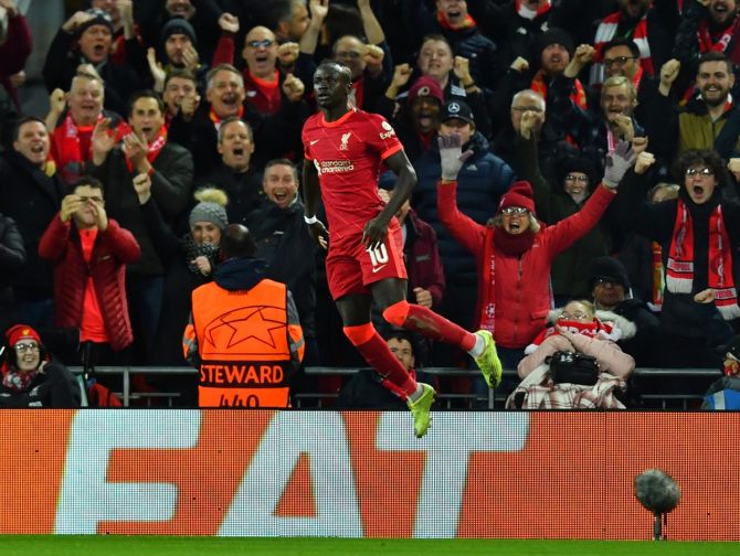 Sadio Mane celebrates scoring Liverpool's second goal.
