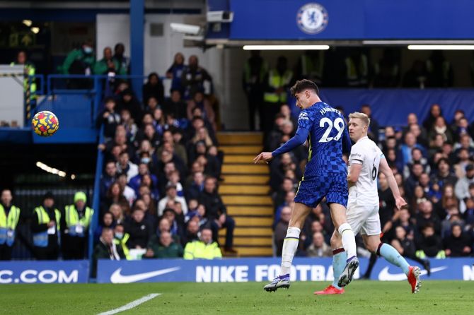 Kai Havertz puts Chelsea ahead during the Premier League match against Burnley, at Stamford Bridge, on Saturday.