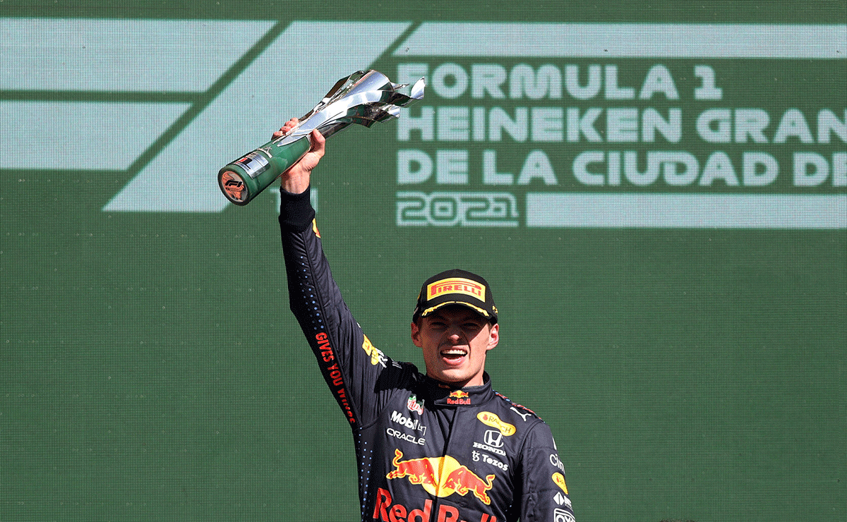 Red Bull's Max Verstappen celebrates on the podium after winning the Mexico City F1 Grand Prix at Autodromo Hermanos Rodriguez, Mexico City, Mexico on Sunday. Verstappen took the chequered flag 16.555 seconds clear of Hamilton to seal his ninth victory of the season, third in Mexico and 19th of his career.