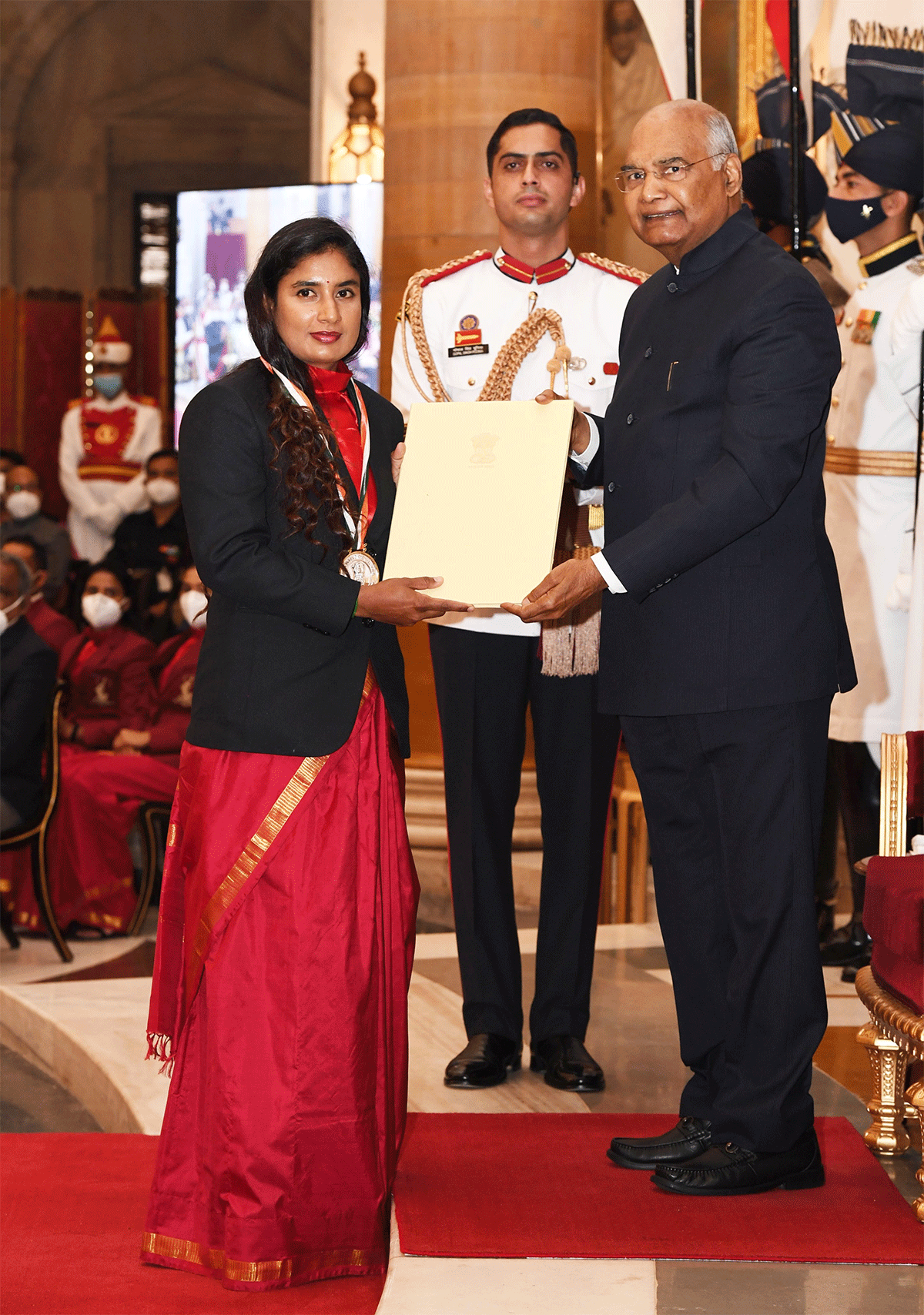 Indian women's cricket captain Mithali Raj receives the Khel Ratna Award from President Ram Nath Kovind on Saturday