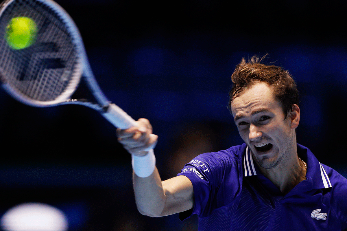 Russia's Daniil Medvedev in action during his group stage match against Poland's Hubert Hurkacz during the ATP Tour Finals in Turin, Italy on Sunday