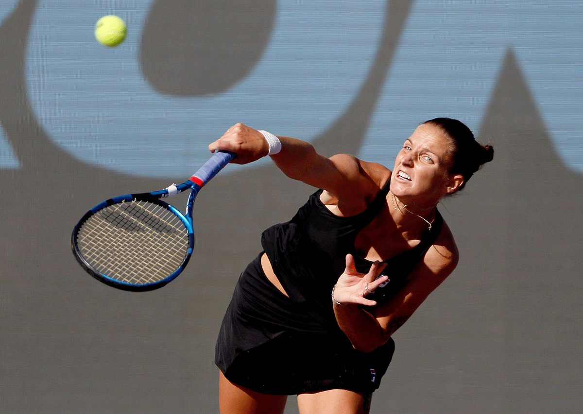 Czech Republic's Karolina Pliskova in action during her group stage match against Czech Republic's Barbora Krejcikova in the WTA Tour Finals at the Panamerican Tennis Center, Guadalajara, Mexico, on Sunday