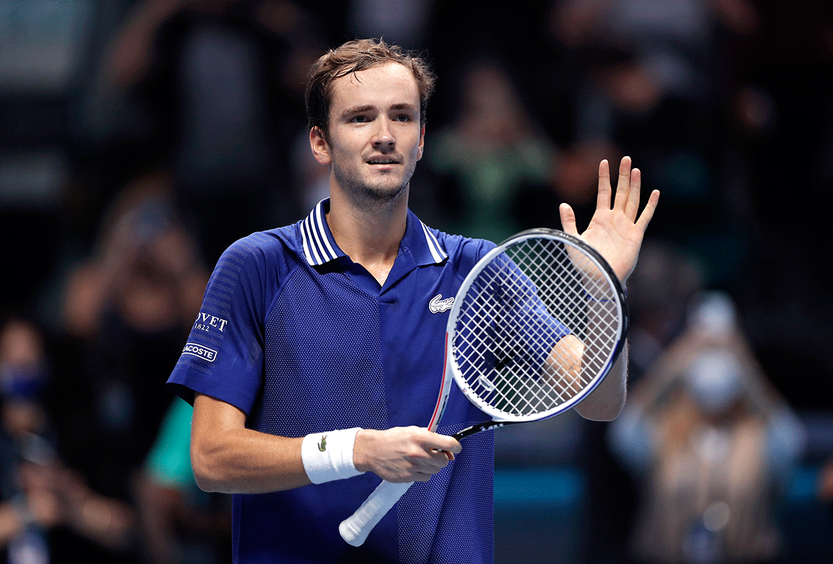 Russia's Daniil Medvedev celebrates winning his group stage match against Germany's Alexander Zverev at the ATP Finals in Pala Alpitour, Turin, on Monday 