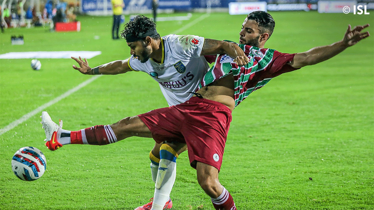 Action from the season-opening India Super League match between ATK Mohun Bagan and Kerala Blasters on Friday