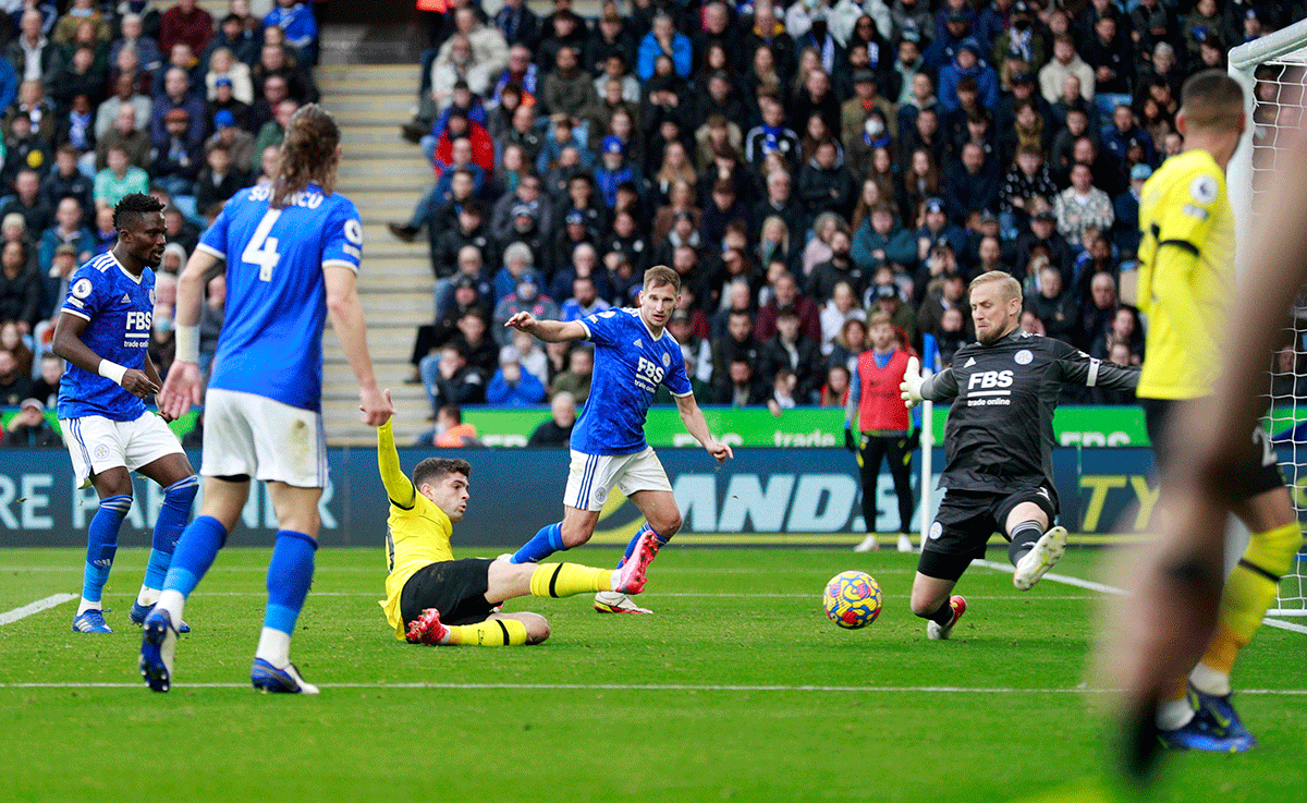 Chelsea's Christian Pulisic scores their third goal against Leicester City at King Power Stadium, Leicester on Saturday 