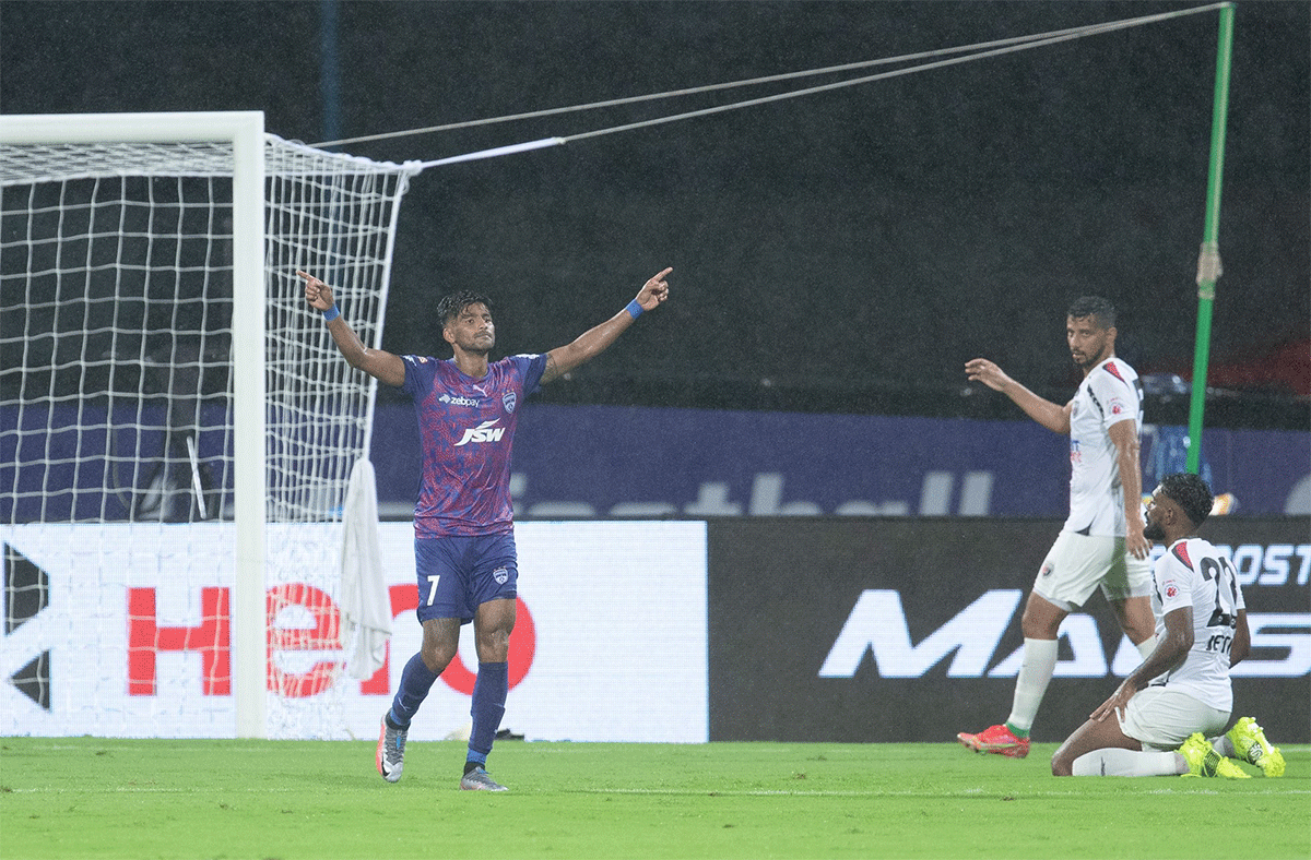 BFC's Jayesh Rane celebrates after scoring the 2nd goal against NEUFC during their ISL match on Saturday