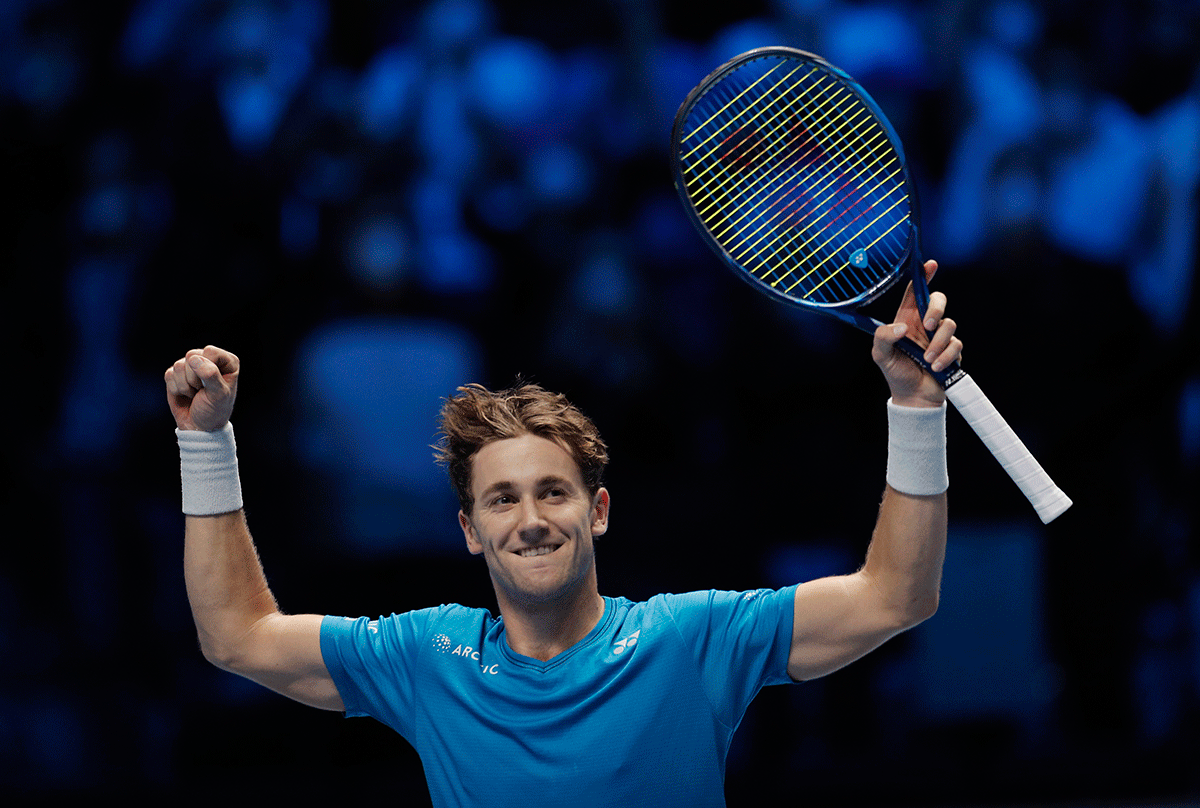 Norway's Casper Ruud celebrates after winning his group stage match against Russia’s Andrey Rublev in the ATP Finals at Pala Alpitour in Turin on Friday 