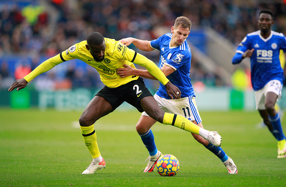 Chelsea's Antonio Rudiger and Leicester City's Marc Albrighton vie for possession 