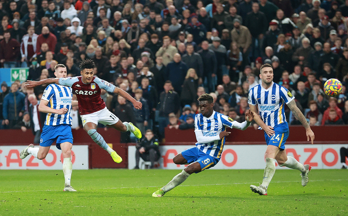 Aston Villa's Ollie Watkins scores their first goal against Brighton & Hove Albion at Villa Park, Birmingham 