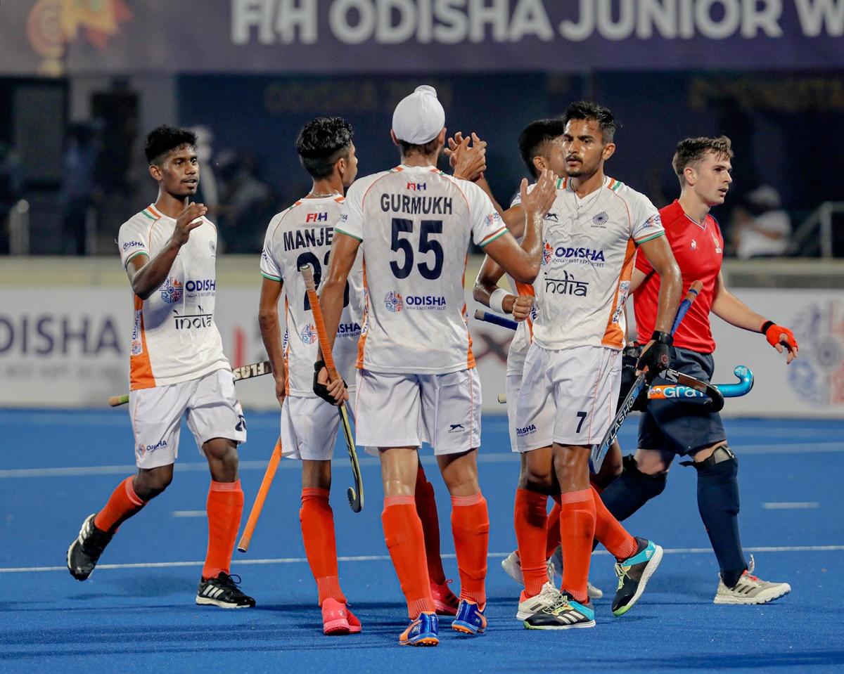 India's players celebrate a goal during the FIH men’s Junior Hockey World Cup against France, in Bhubaneswar, on Wednesday.