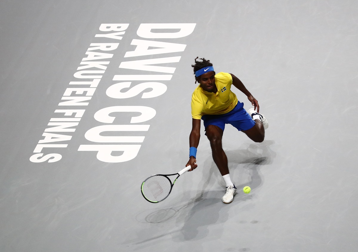 Sweden's Elias Ymer in action against Canada's Steven Diez during the Davis Cup Finals Group B match, at Madrid Arena, in Spain, on Thursday.