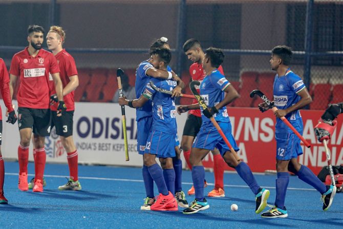 India’s players celebrate a goal during the men's Junior Hockey World Cup match against Canada in Bhubaneswar on Thursday.