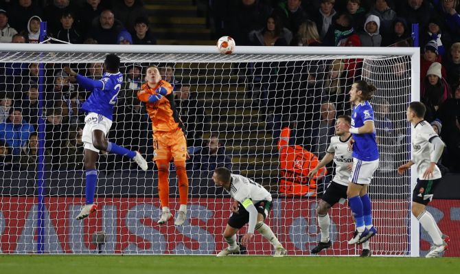 Wilfred Ndidi scores Leicester City's third goal against Legia Warsaw in the Europa League match, at King Power Stadium, in Leicester, Britain, on Thursday.