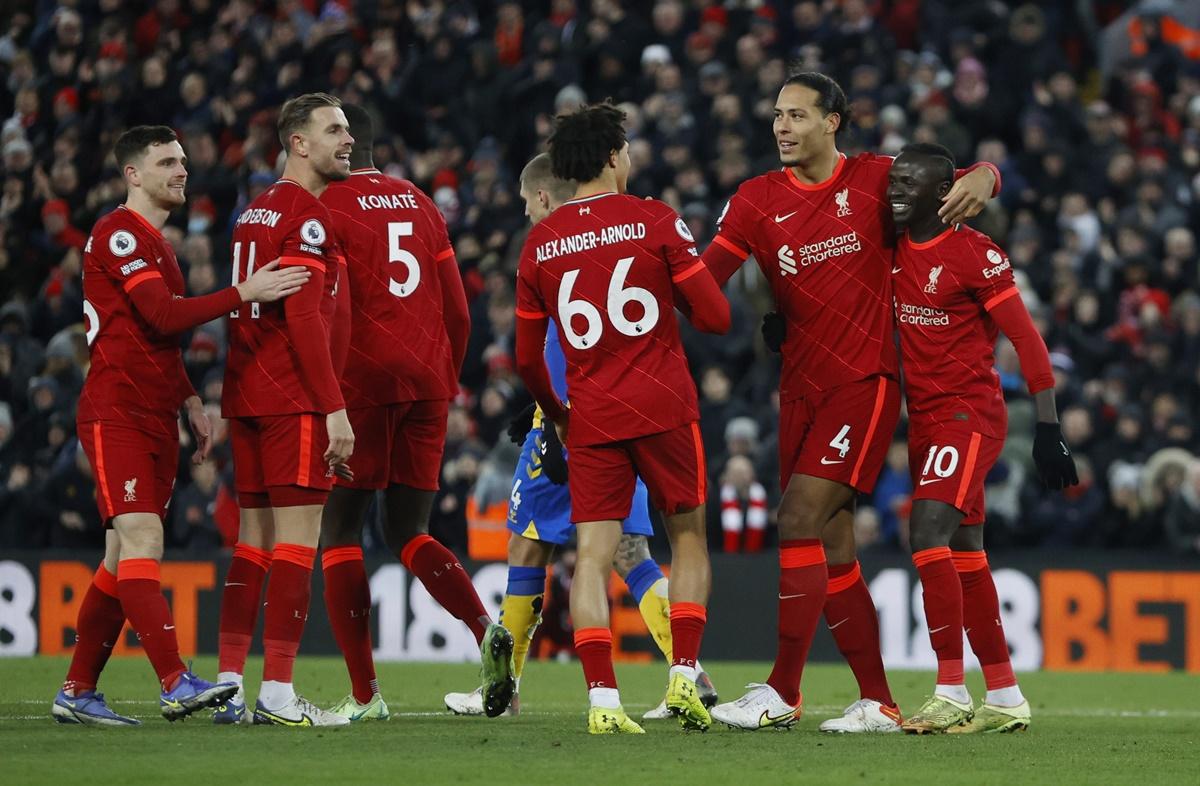 Virgil van Dijk celebrates scoring Liverpool's fourth goal during the Premier League match against Southampton, at Anfield, Liverpool, on Saturday.