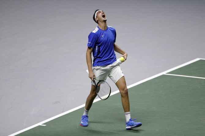 Italy's Lorenzo Sonego celebrates beating Colombia's Nicolas Mejia in the Davis Cup Finals Group F match at Pala Alpitour, Turin, Italy, on Saturday.