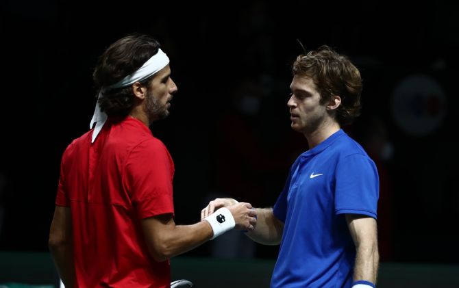 The Russian Tennis Federation's Andrey Rublev and Spain's Feliciano Lopez after their Davis Cup Finals Group A doubles match, at  Madrid Arena, Spain, on Sunday.