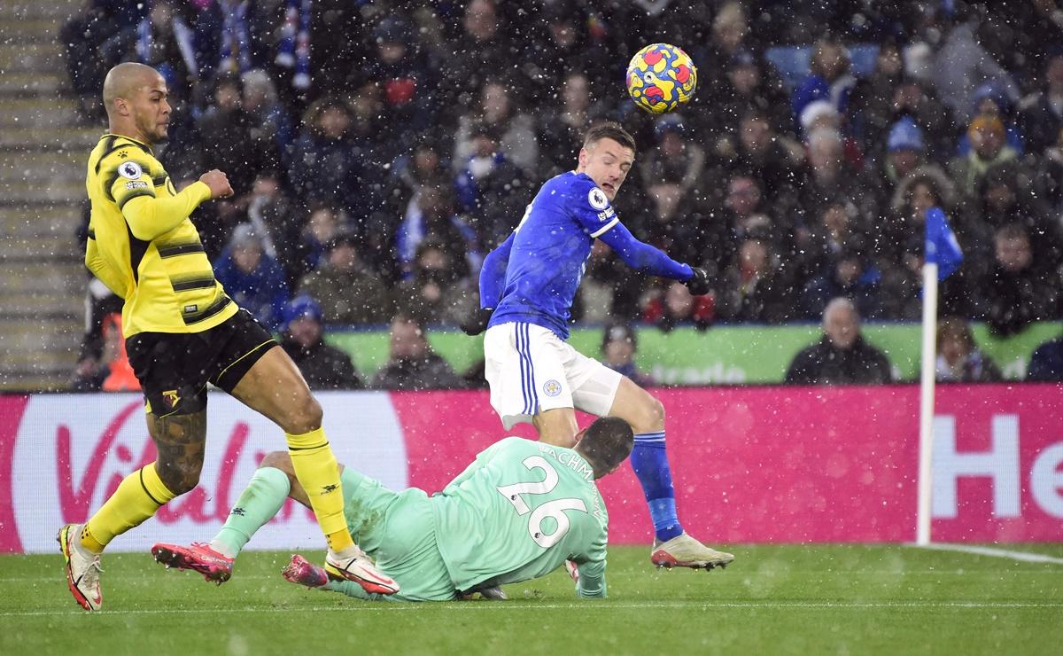 Jamie Vardy scores Leicester City's second goal against Watford, at King Power Stadium, in Leicester.