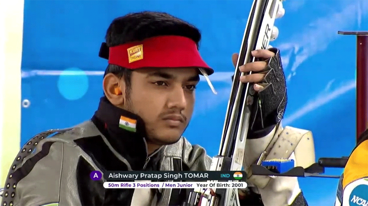 India's Aishwary Pratap Singh Tomar finishing nearly seven points ahead of second-placed Frenchman Lucas Kryzs, who won the silver with a score of 456.5.
