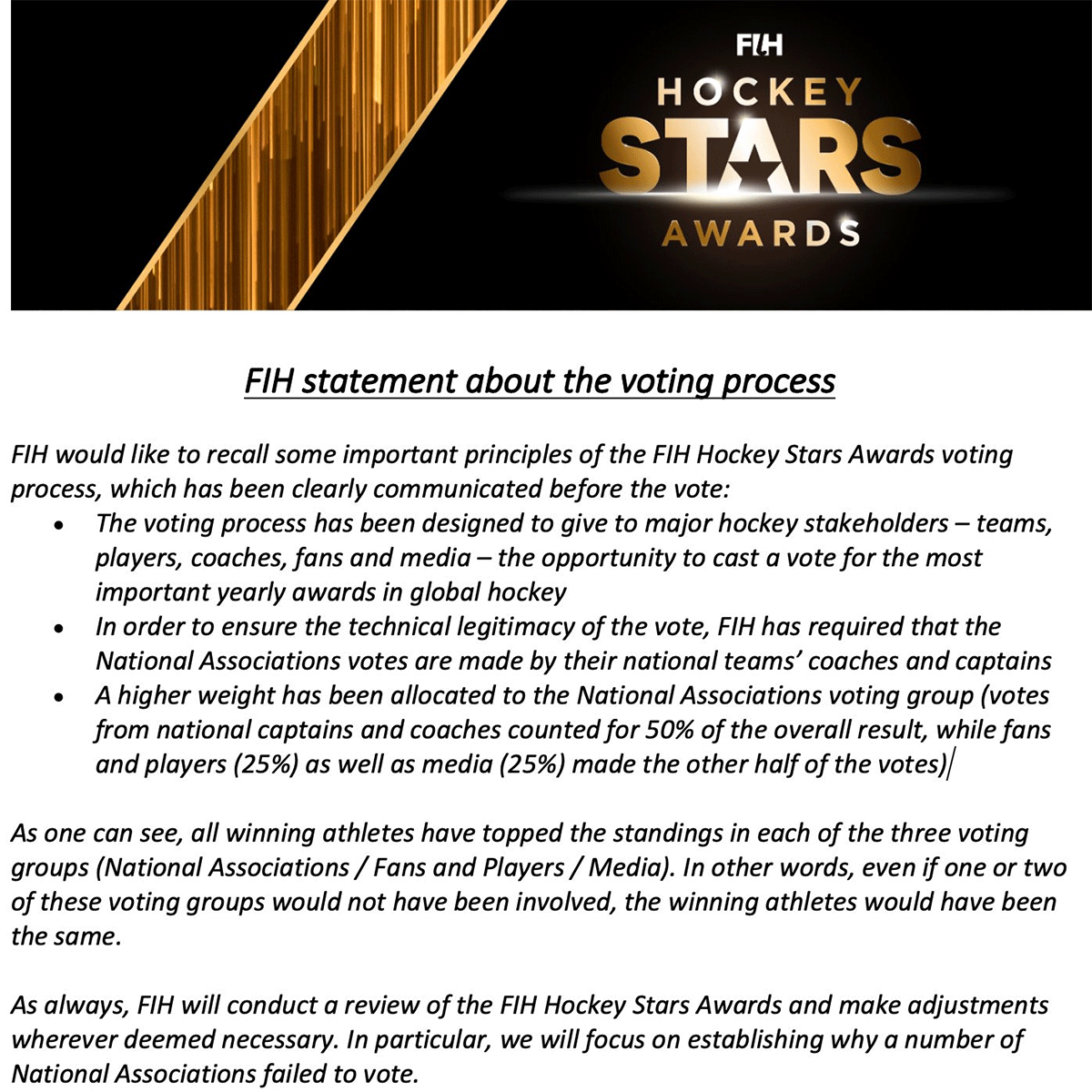FFIH statement about the FIH Hockey Stars Awards voting process