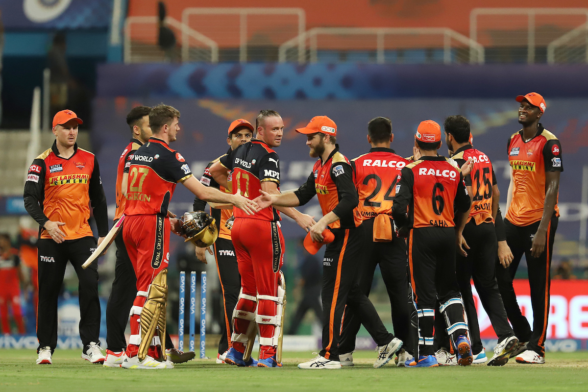 Sunrisers Hyderabad players celebrate after defeating Royal Challengers Bangalore in the Indian Premier League match, in Abu Dhabi, on Wednesday.