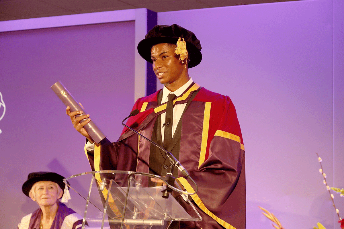 The 23-year-old Marcus Rashford joins club greats Alex Ferguson and Bobby Charlton in receiving the honorary doctorate, the highest honour the university bestows.