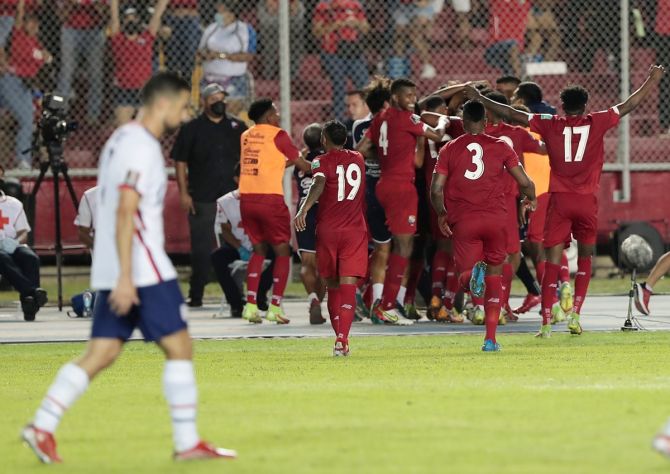 Panama's players celebrate after Anibal Godoy scores during the World Cup CONCACAF qualifier against the United States, at Estadio Rommel Fernandez, in Panama City.