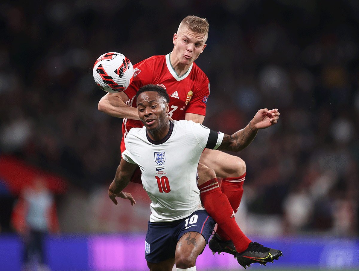 Hungary's Andras Schafer and England's Raheem Sterling in action during their match at Wembley Stadium in London 