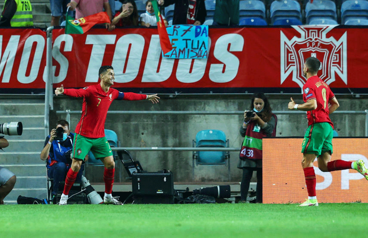 Portugal's Cristiano Ronaldo celebrates scoring Portugal second goal against Luxembourg at Estadio Algarve in Faro, Faro