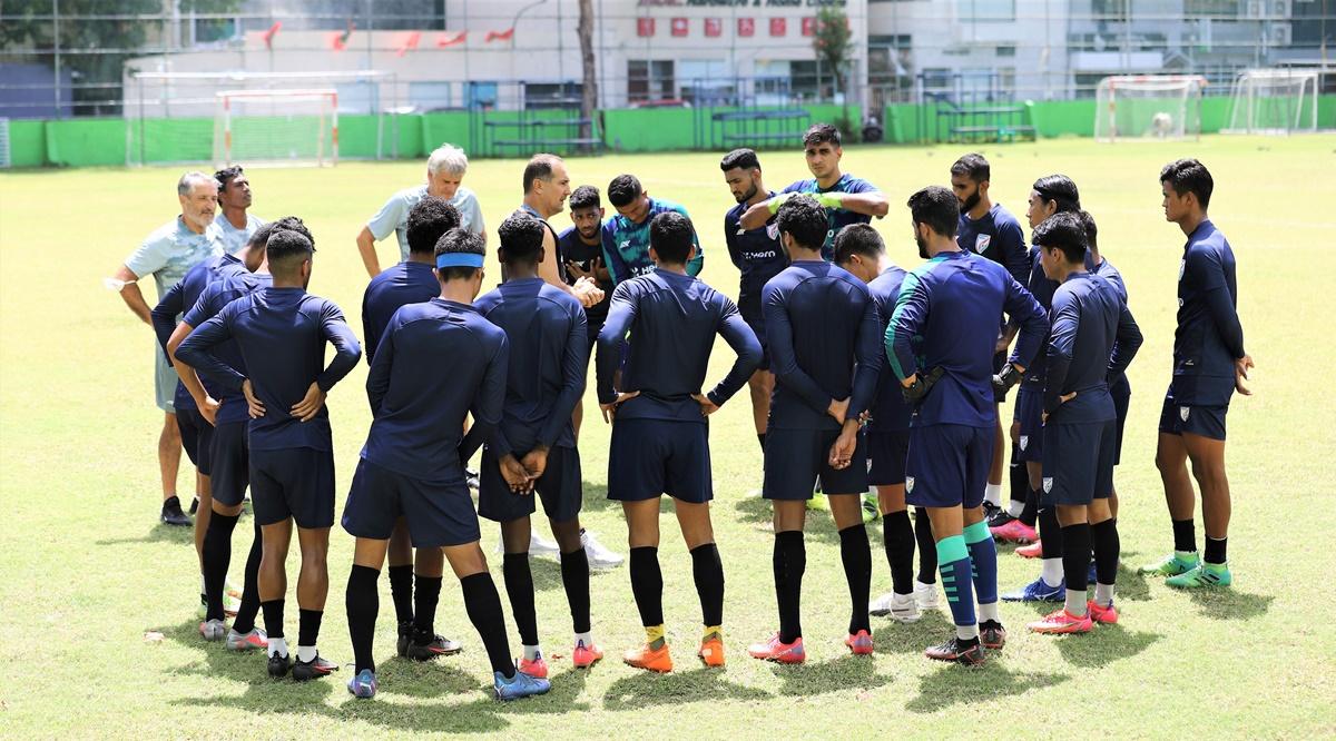 India’s head coach Igor Stimac addresses his players during Friday’s training session in Male. 