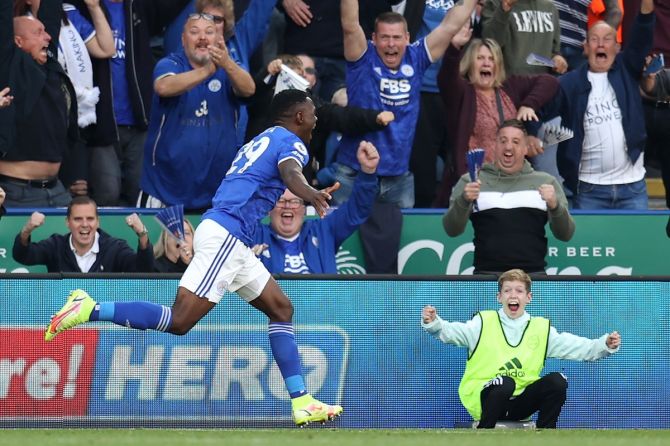Patson Daka celebrates scoring Leicester City's fourth goal during the Premier League match against Manchester United, at The King Power Stadium in Leicester, on Saturday