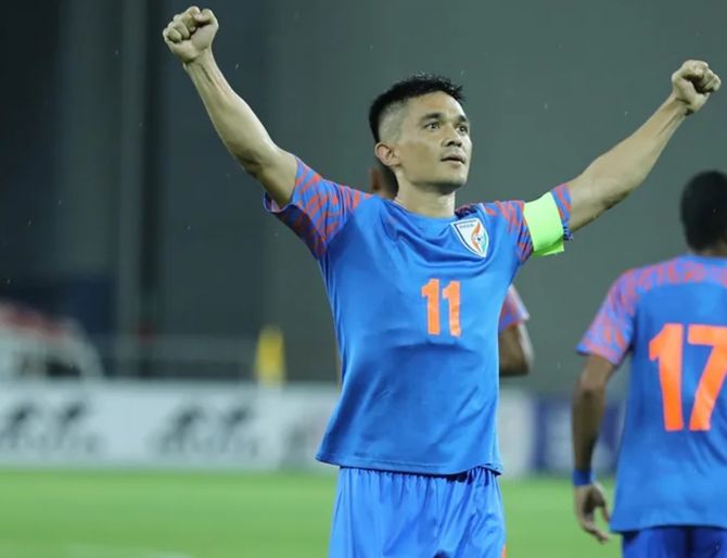  Sunil Chhetri is fourth in the list of leading scorers among active footballers, behind Portugal's Cristiano Ronaldo (111), Argentina's Lionel Messi (79) and UAE's Ali Mabkhout (77), after finding the net against Bangladesh, in the SAFF Championship