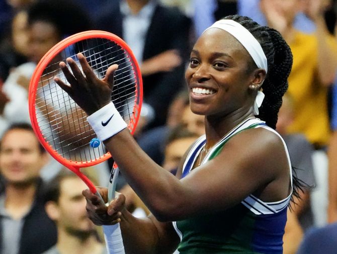 Sloane Stephens of the USA celebrates after defeating Cori Gauff on Day 3 of the 2021 US Open tennis tournament.