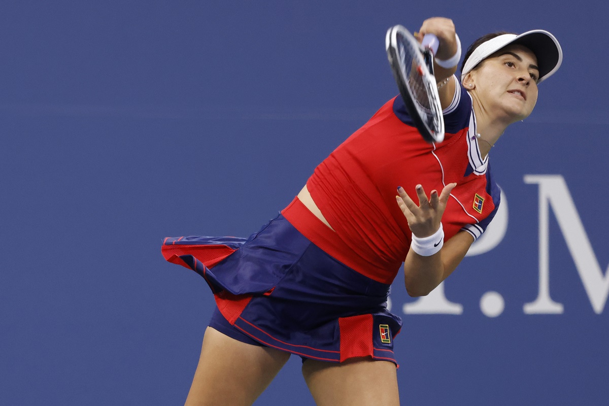 Canada's Bianca Andreescu serves against Lauren Davis of the United States.