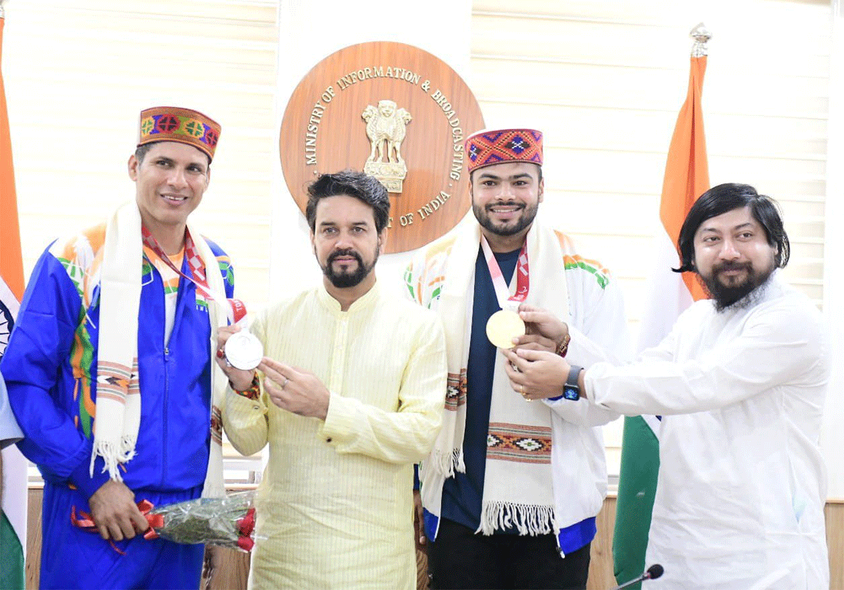 Devendra Jhajharia and Sumit Antil felicitated by Sports Minister Anurag Thakur on Friday