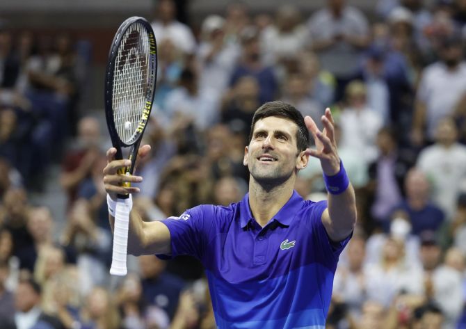 Serbia's Novak Djokovic gestures to the crowd after recording match point against Tallon Griekspoor of The Netherlands in his second round match at the US Open on Thursday.