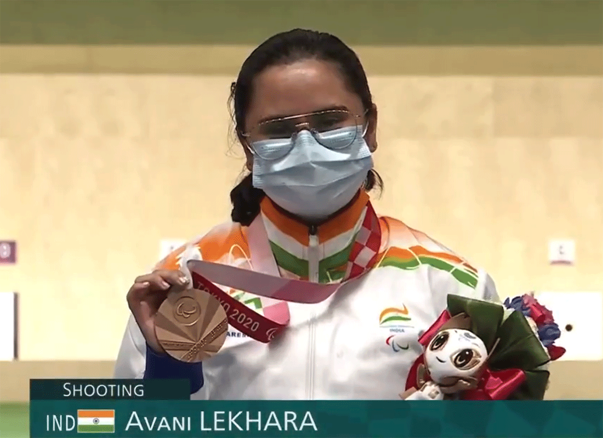 Avani Lekhara with her medal on the podium at the Paralympic Games on Friday