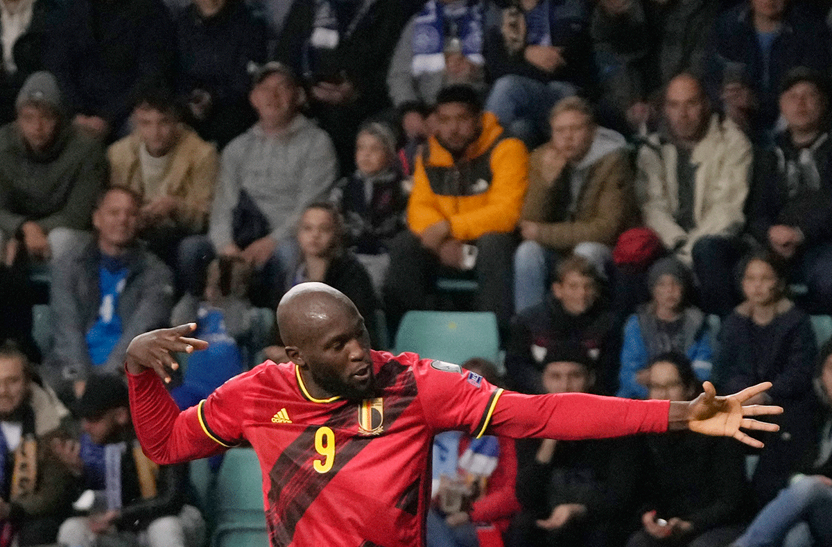 Belgium's Romelu Lukaku celebrates scoring their third goal against Estonia at A. Le Coq Arena, Tallinn, Estonia 