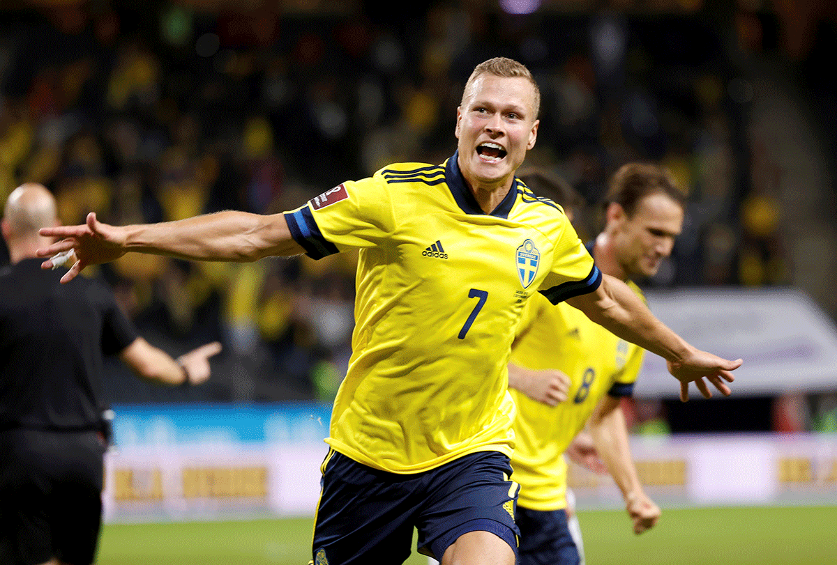 Sweden's Viktor Claesson celebrates scoring their second goal against Spain at the Friends Arena, Solna, Sweden 