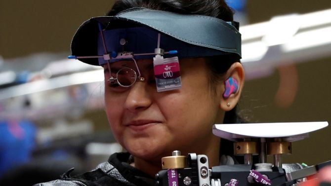 Avani Lekhara in action during the Paralympics R2 - women's 10m Air Rifle Standing SH1 final, Asaka Shooting Range, in Tokyo, Japan, on August 30, 2021. 