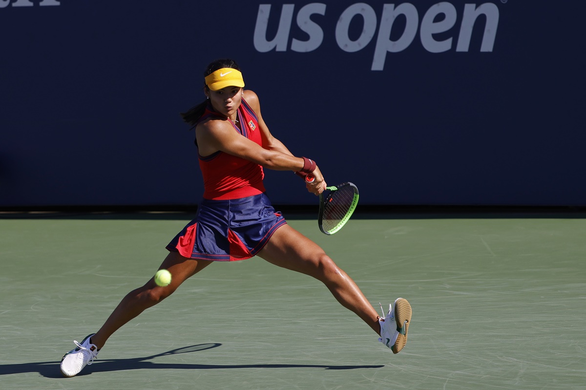 Great Britain's Emma Raducanu returns against Spain's Sara Sorribes Tormo.